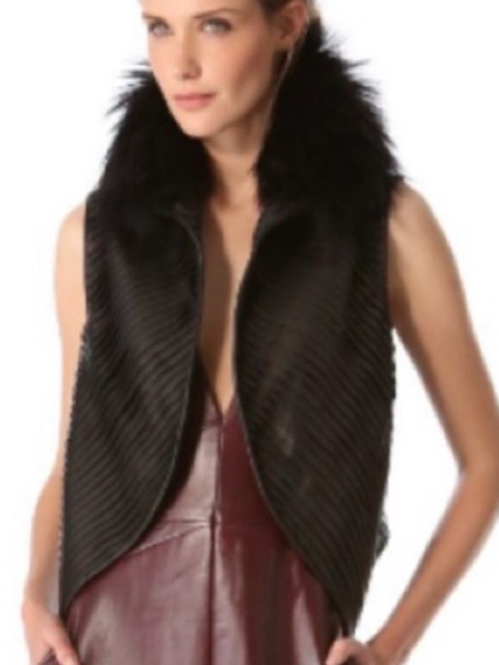 J. Mendel Fall 2013 Black Strip Leather Vest with Fur Collar